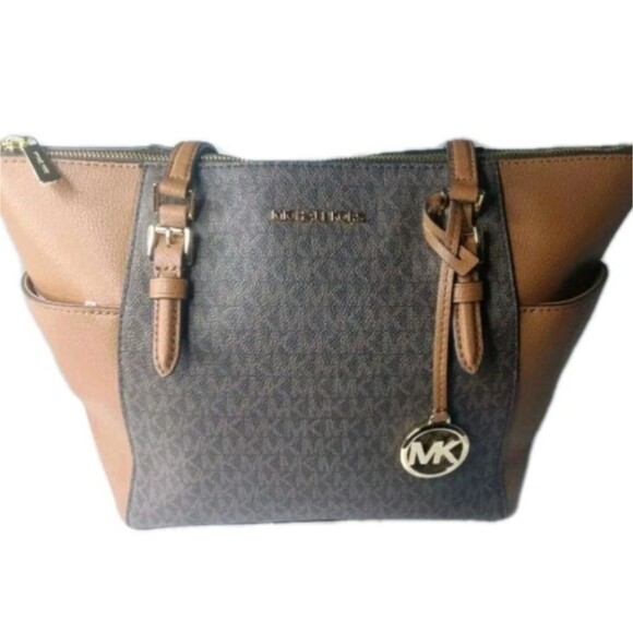 Michael Kors Charlotte Logo and Leather Top Zip Tote Bag~Brown - Picture 2 of 9